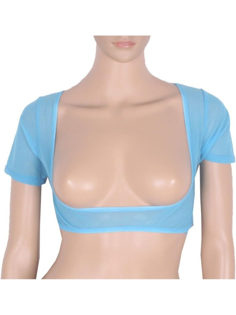 〽️Women's Blue Mesh Open Bust Square Neck Short Sleeve Belly Dance Crop Top